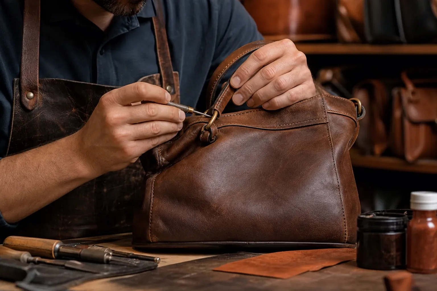 Sapateiro reformando bolsa de couro em Passo Fundo.