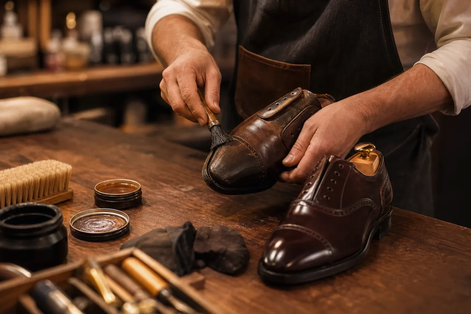 Técnico reformando sapatos sociais em Passo Fundo.